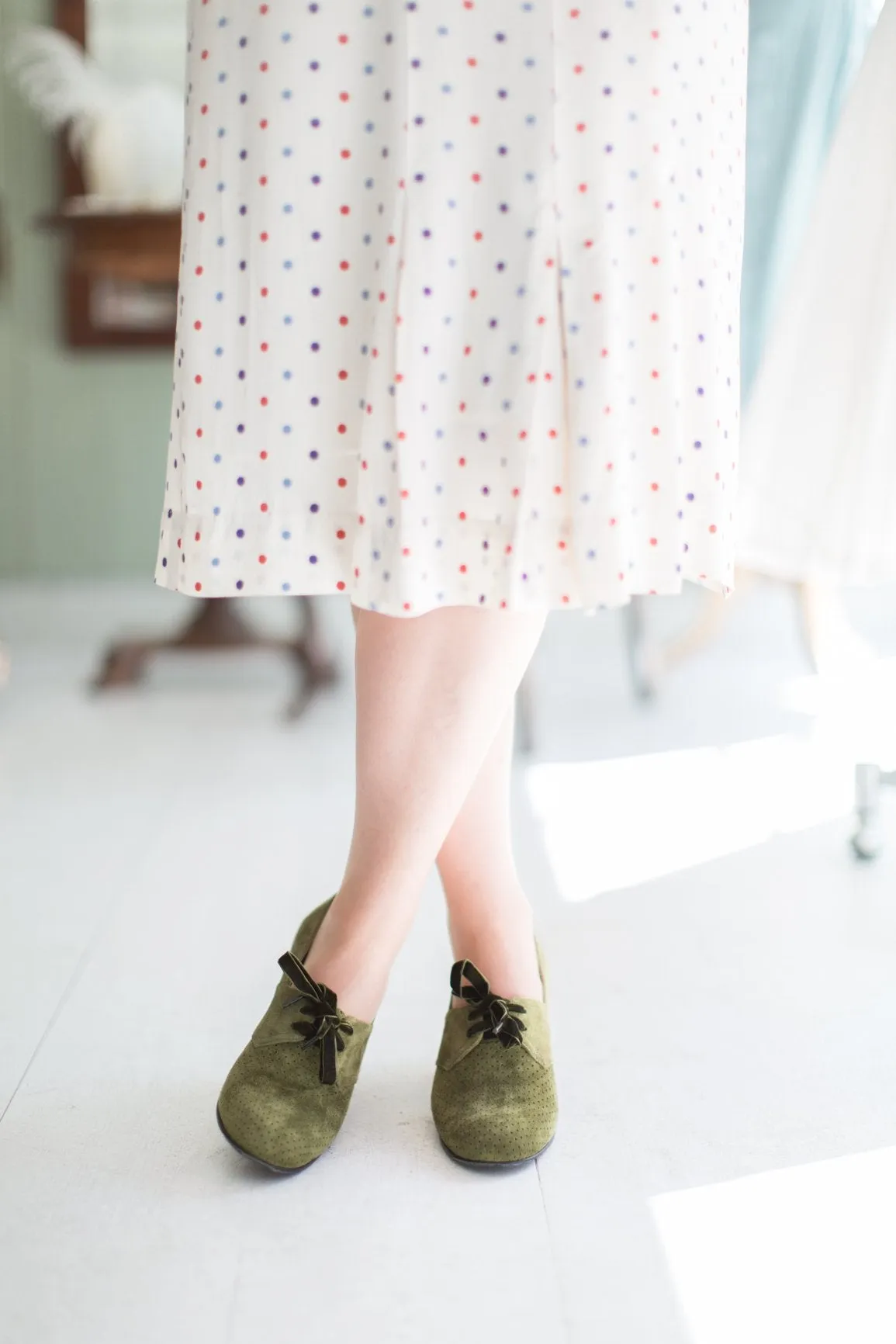 40's vintage style pumps in suede with lace - Green - Esther