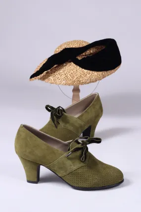 40's vintage style pumps in suede with lace - Green - Esther