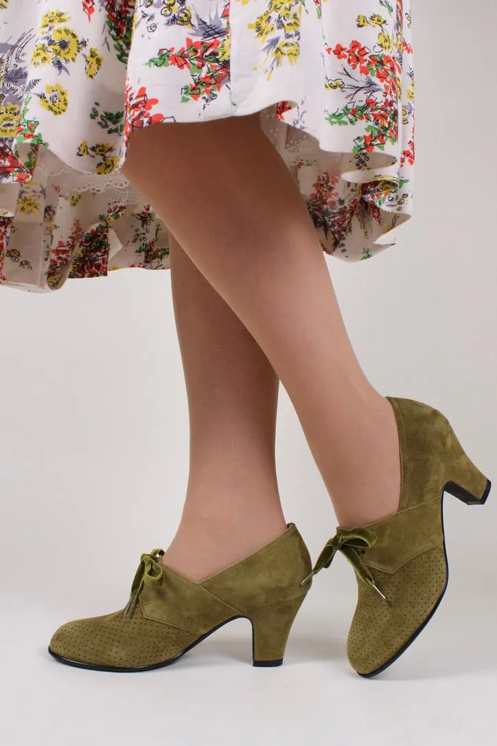 40's vintage style pumps in suede with lace - Green - Esther