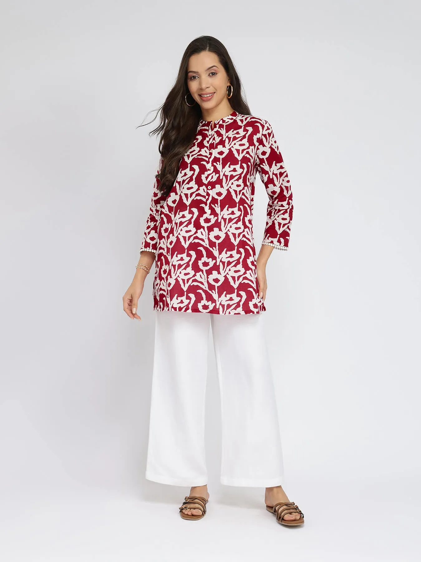 Cotton Floral Buttoned Tunic - Red & White