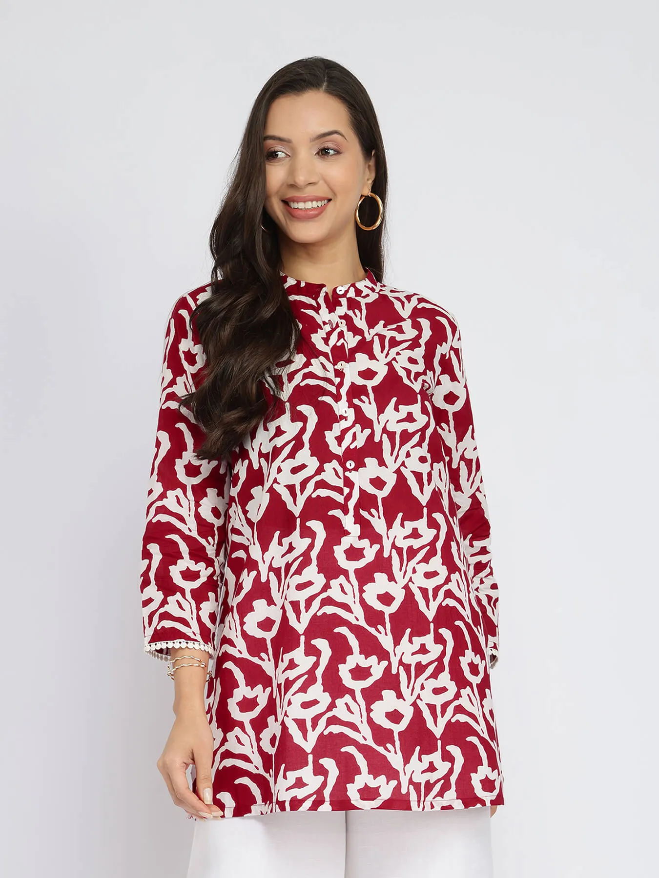 Cotton Floral Buttoned Tunic - Red & White