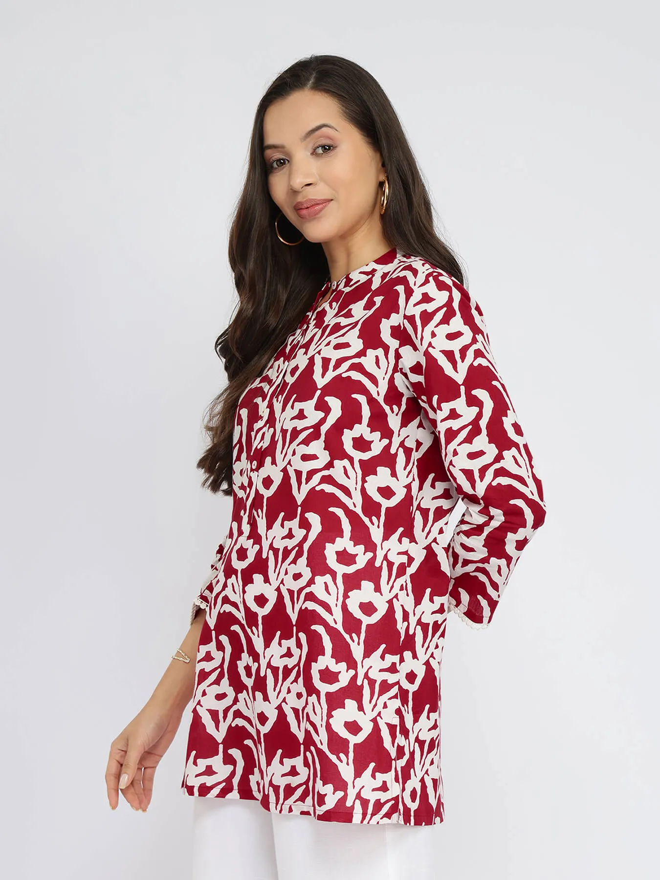 Cotton Floral Buttoned Tunic - Red & White