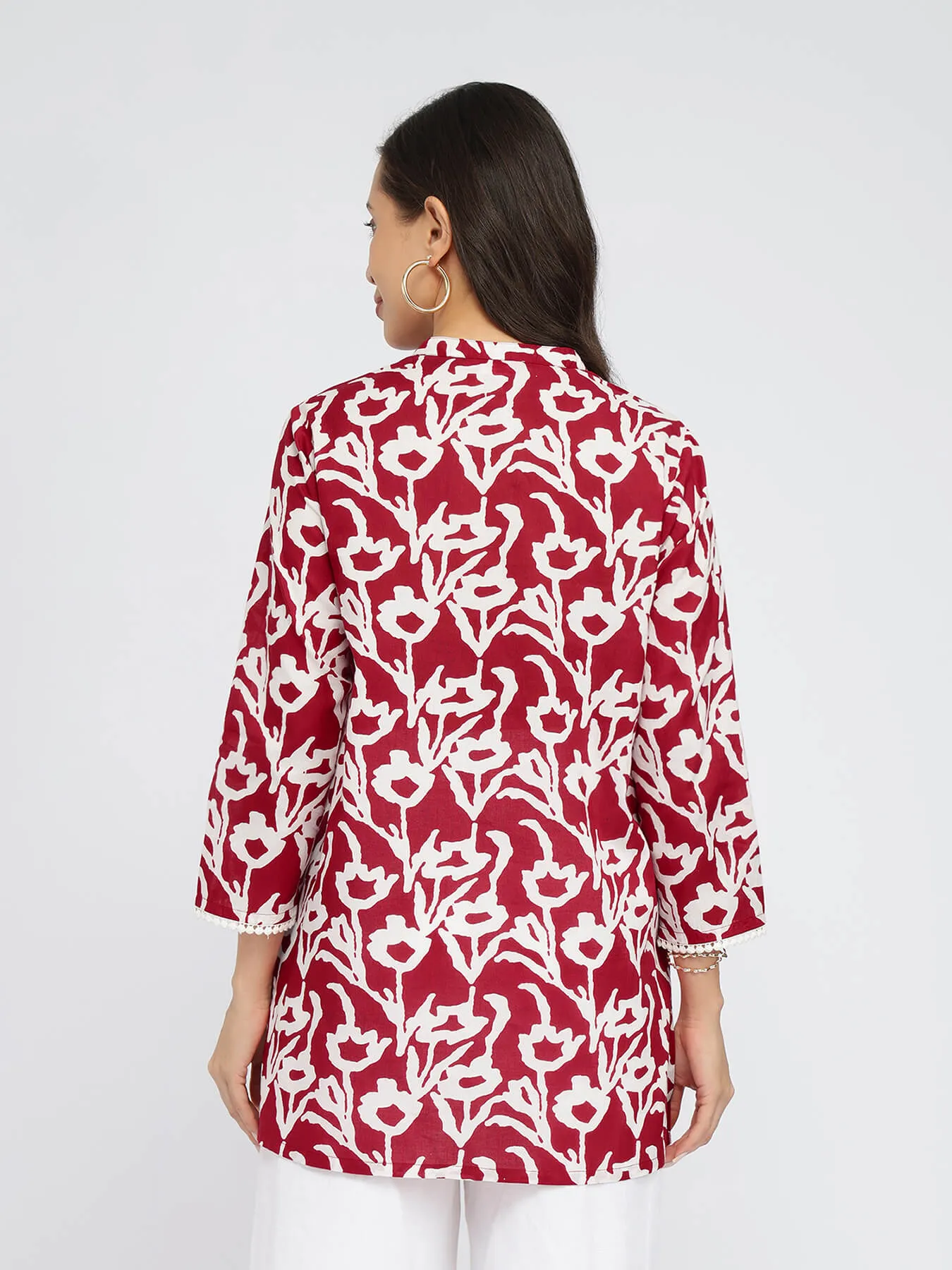 Cotton Floral Buttoned Tunic - Red & White