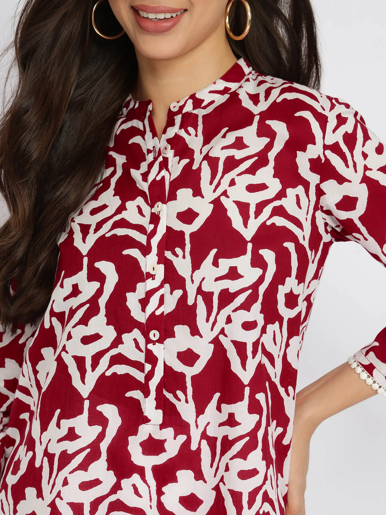 Cotton Floral Buttoned Tunic - Red & White
