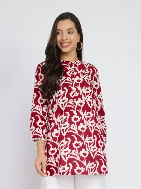 Cotton Floral Buttoned Tunic - Red & White