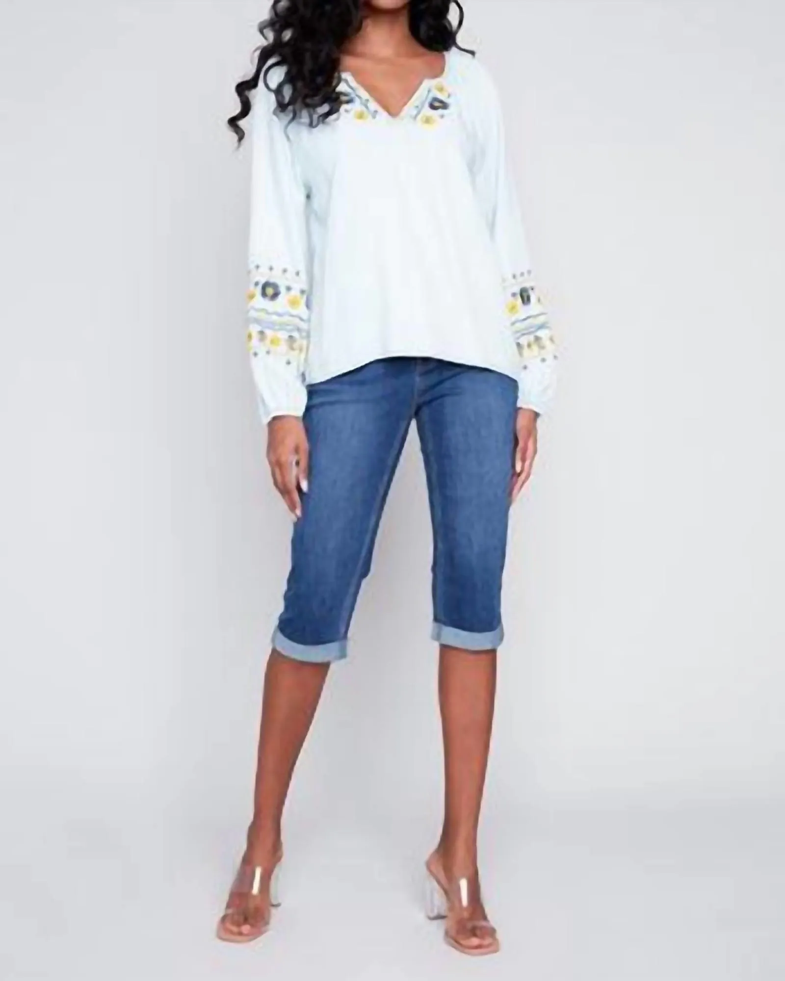 Embroidered Denim Blouse in Light Blue | Light Blue