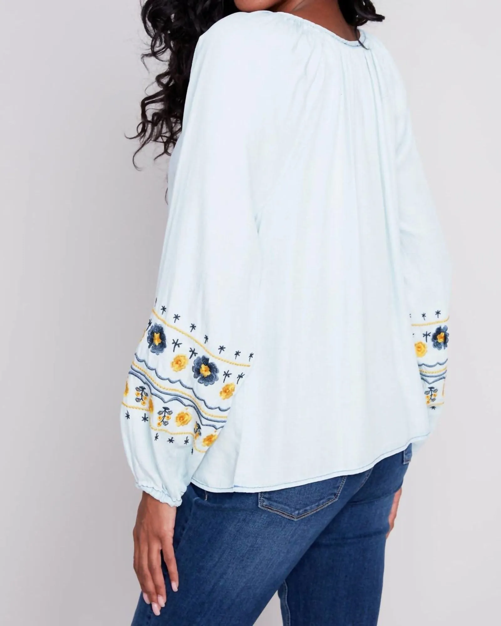 Embroidered Denim Blouse in Light Blue | Light Blue