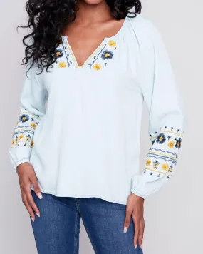 Embroidered Denim Blouse in Light Blue | Light Blue