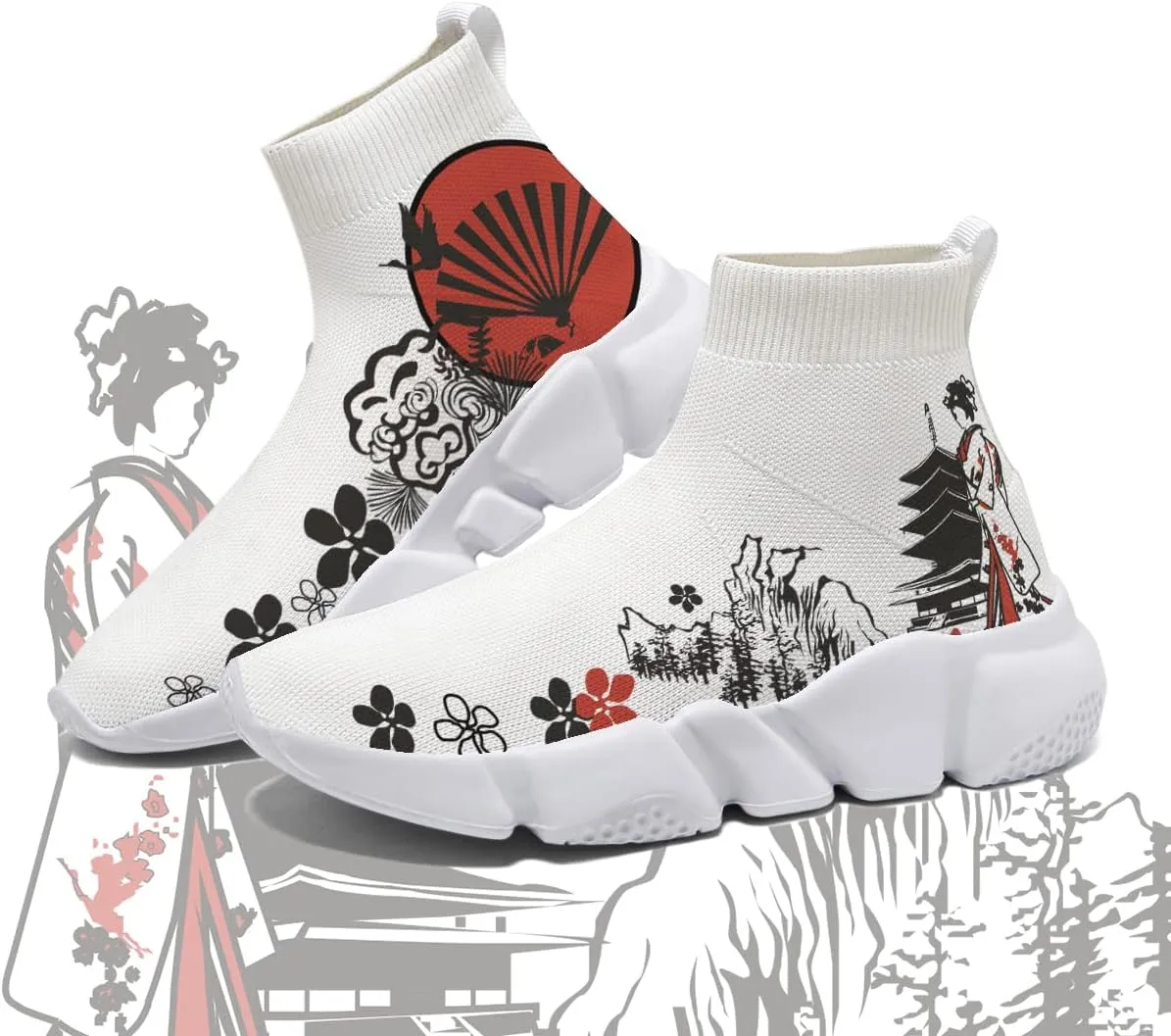 Japanese Graffiti Art Printed Shoes Boys Sneakers Girls Casual Walking Socks Shoes