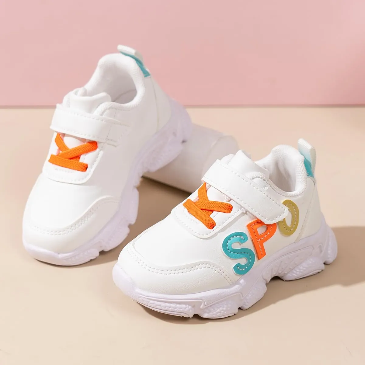 Kids Athletic Sneakers with Hook and Loop, Sport Letters Design, White with Orange and Turquoise
