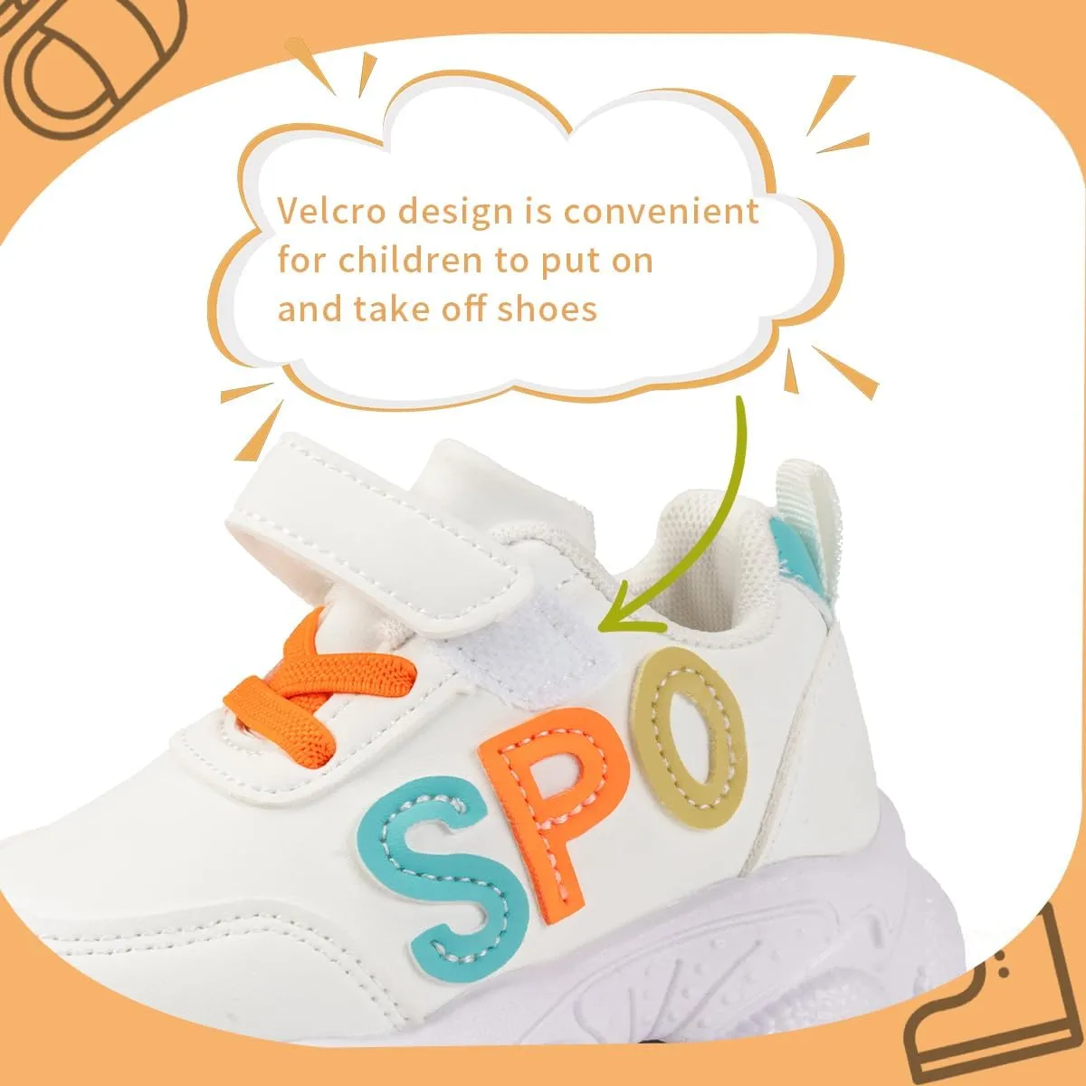Kids Athletic Sneakers with Hook and Loop, Sport Letters Design, White with Orange and Turquoise
