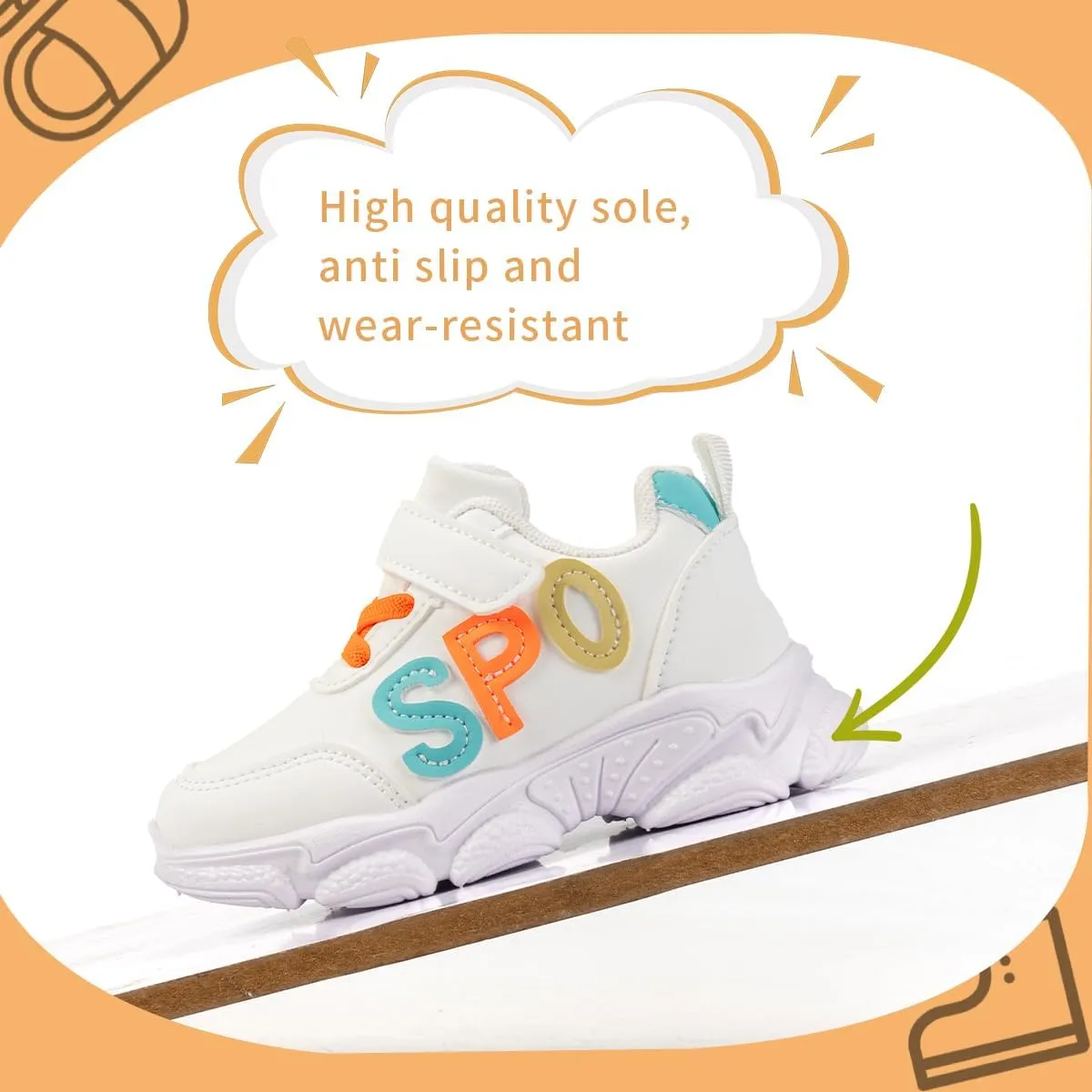 Kids Athletic Sneakers with Hook and Loop, Sport Letters Design, White with Orange and Turquoise