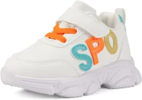 Kids Athletic Sneakers with Hook and Loop, Sport Letters Design, White with Orange and Turquoise