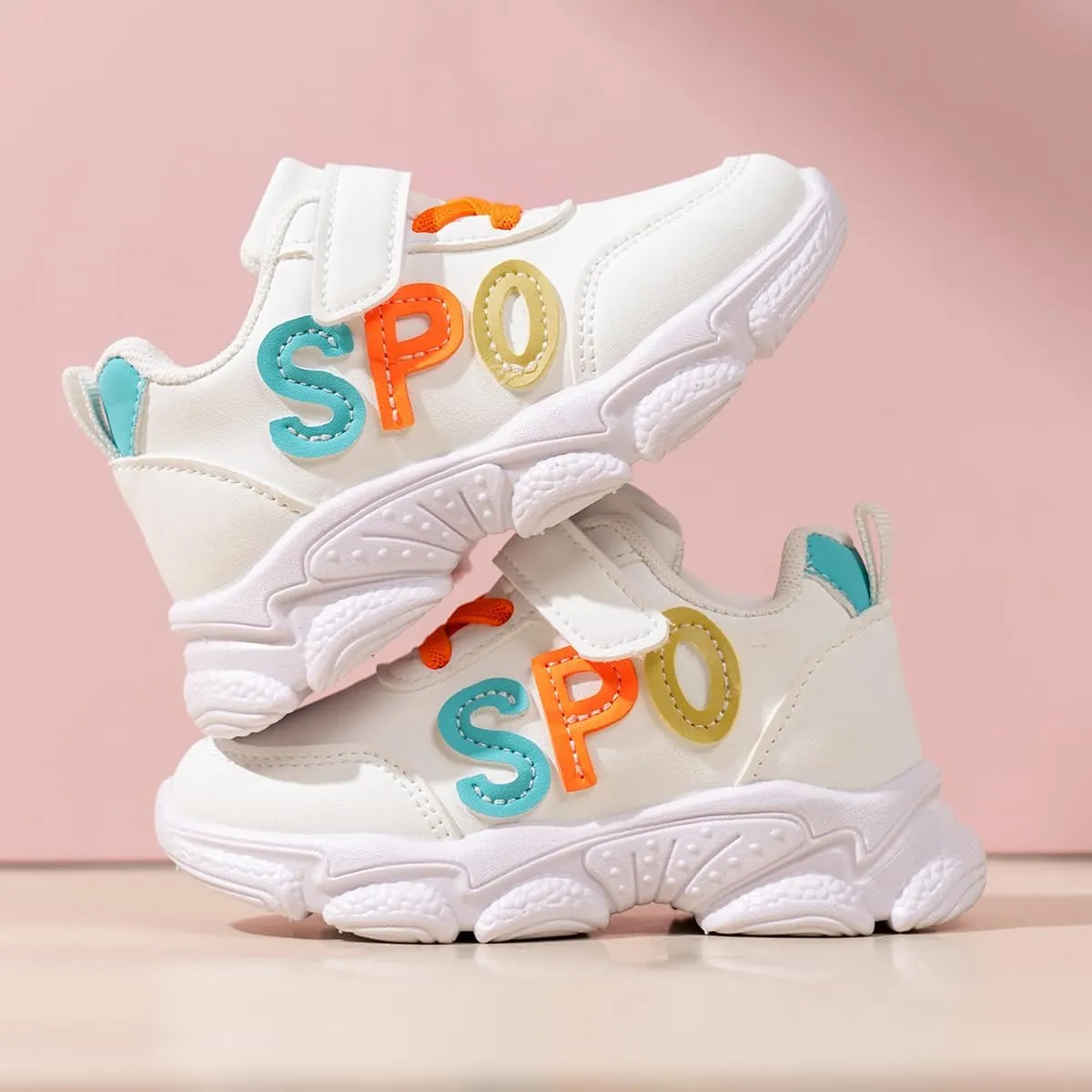 Kids Athletic Sneakers with Hook and Loop, Sport Letters Design, White with Orange and Turquoise