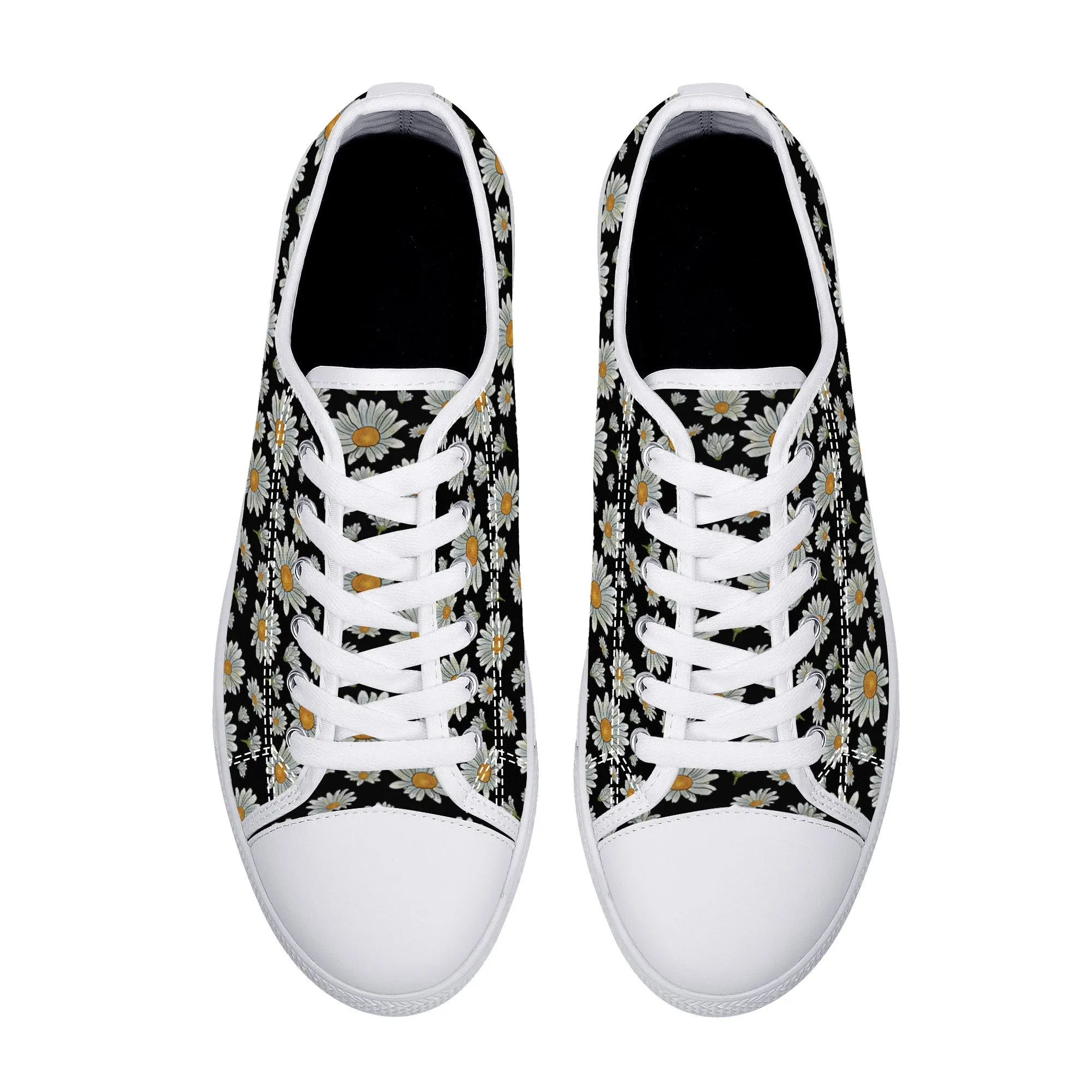 Large Watercolor Summer Daisies Blooming Against a Bold Black Background Canvas Sneakers