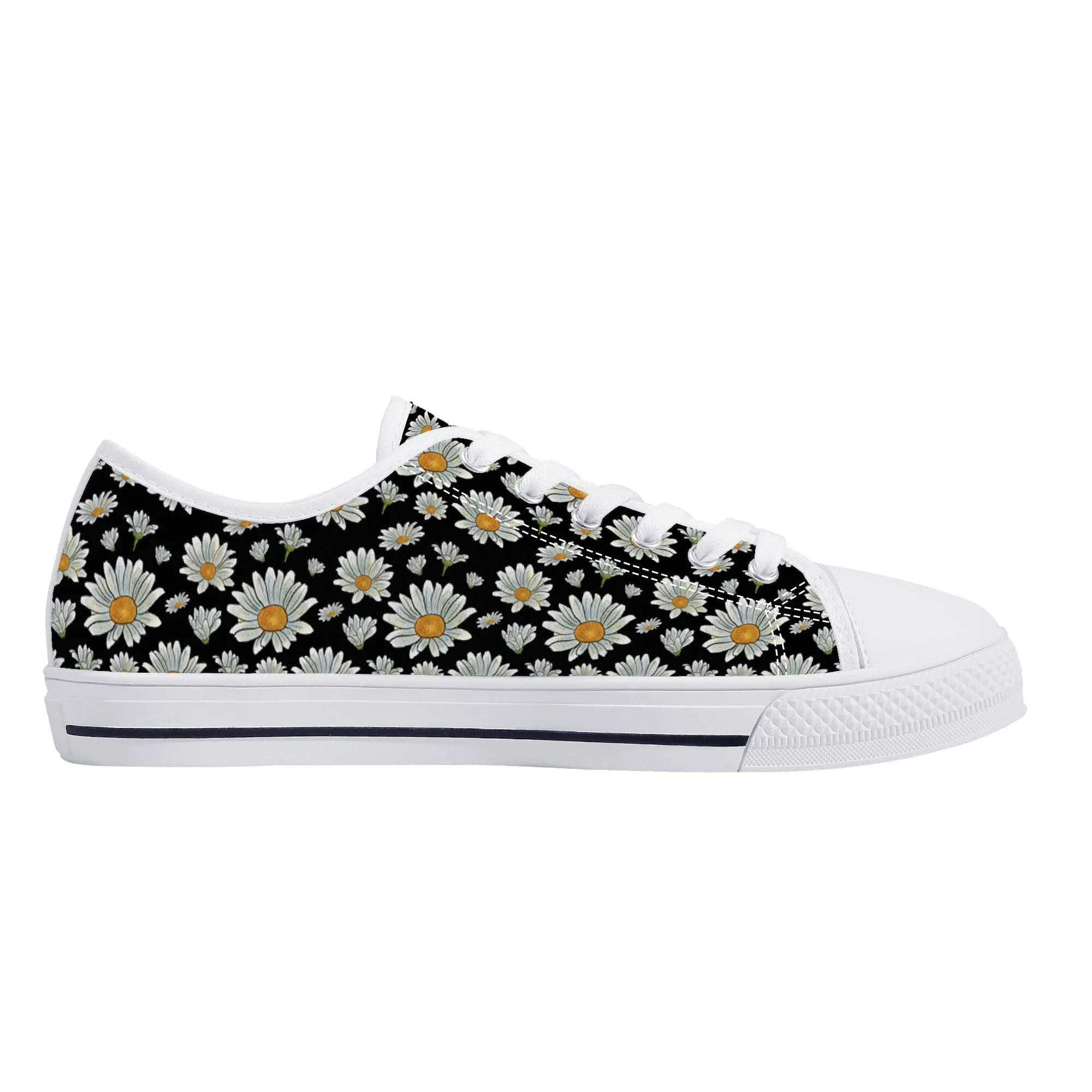 Large Watercolor Summer Daisies Blooming Against a Bold Black Background Canvas Sneakers