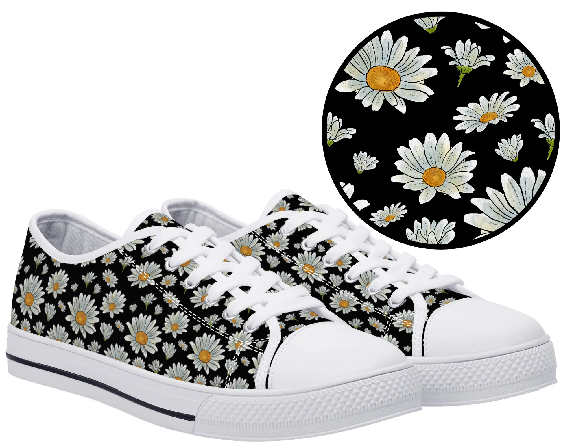Large Watercolor Summer Daisies Blooming Against a Bold Black Background Canvas Sneakers
