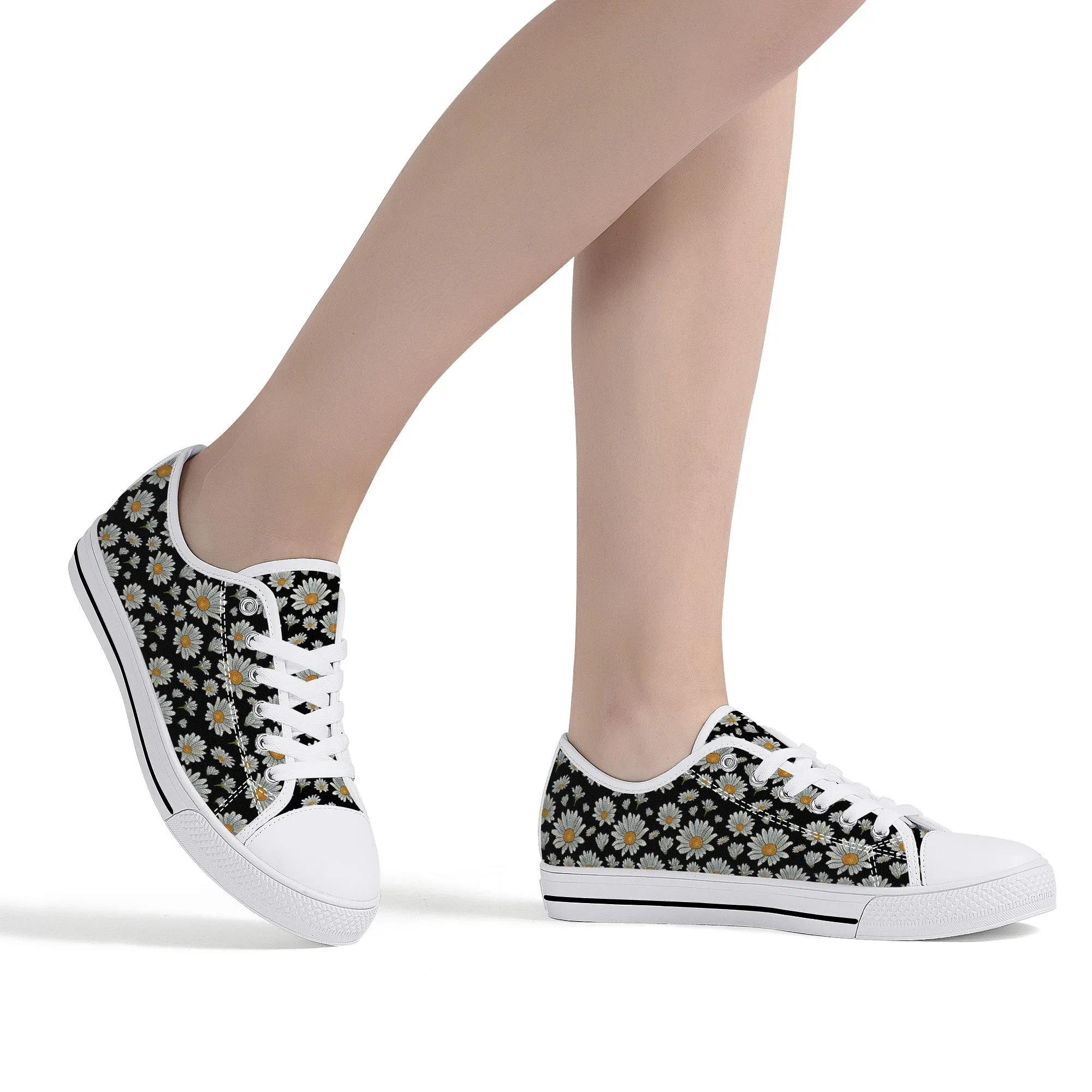 Large Watercolor Summer Daisies Blooming Against a Bold Black Background Canvas Sneakers