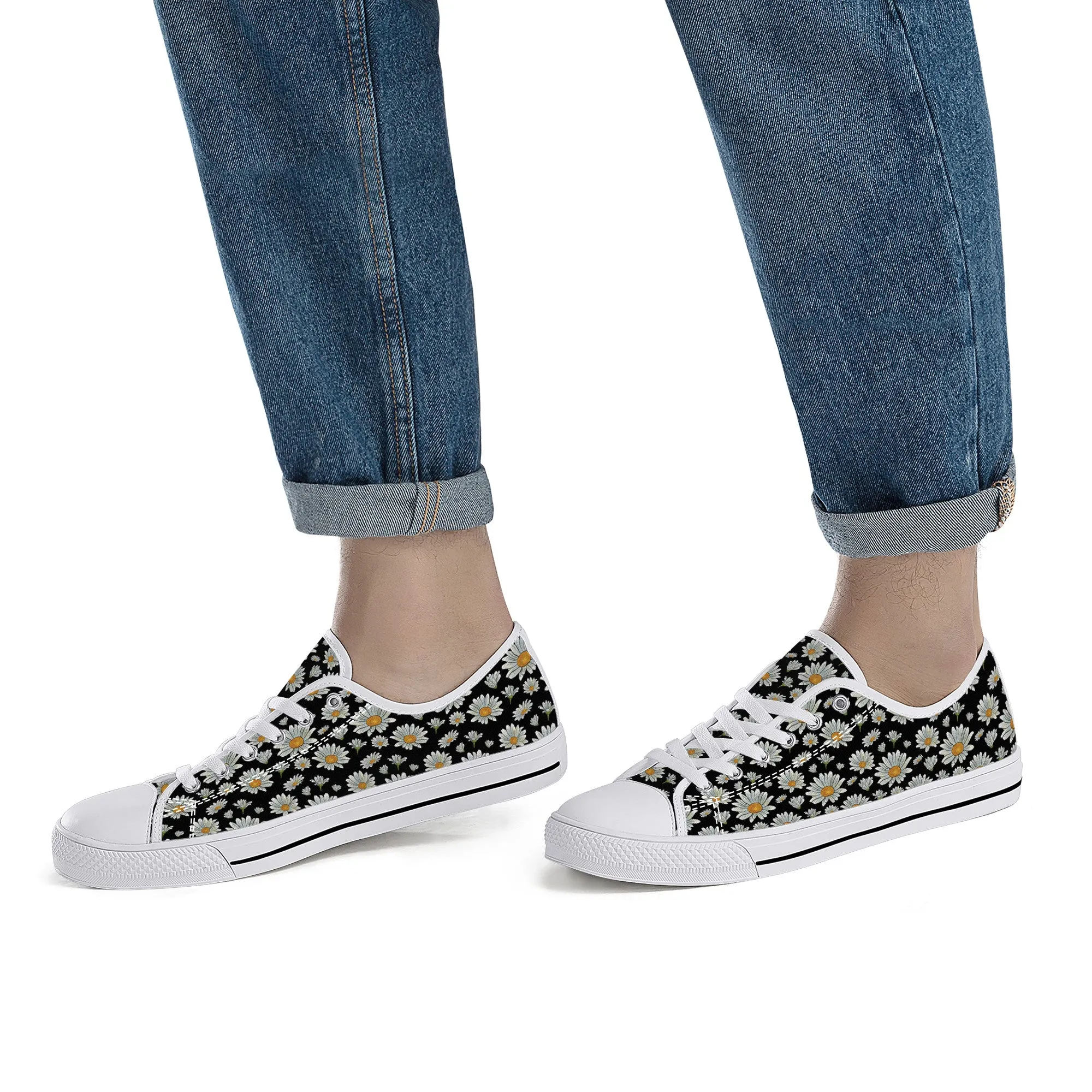 Large Watercolor Summer Daisies Blooming Against a Bold Black Background Canvas Sneakers