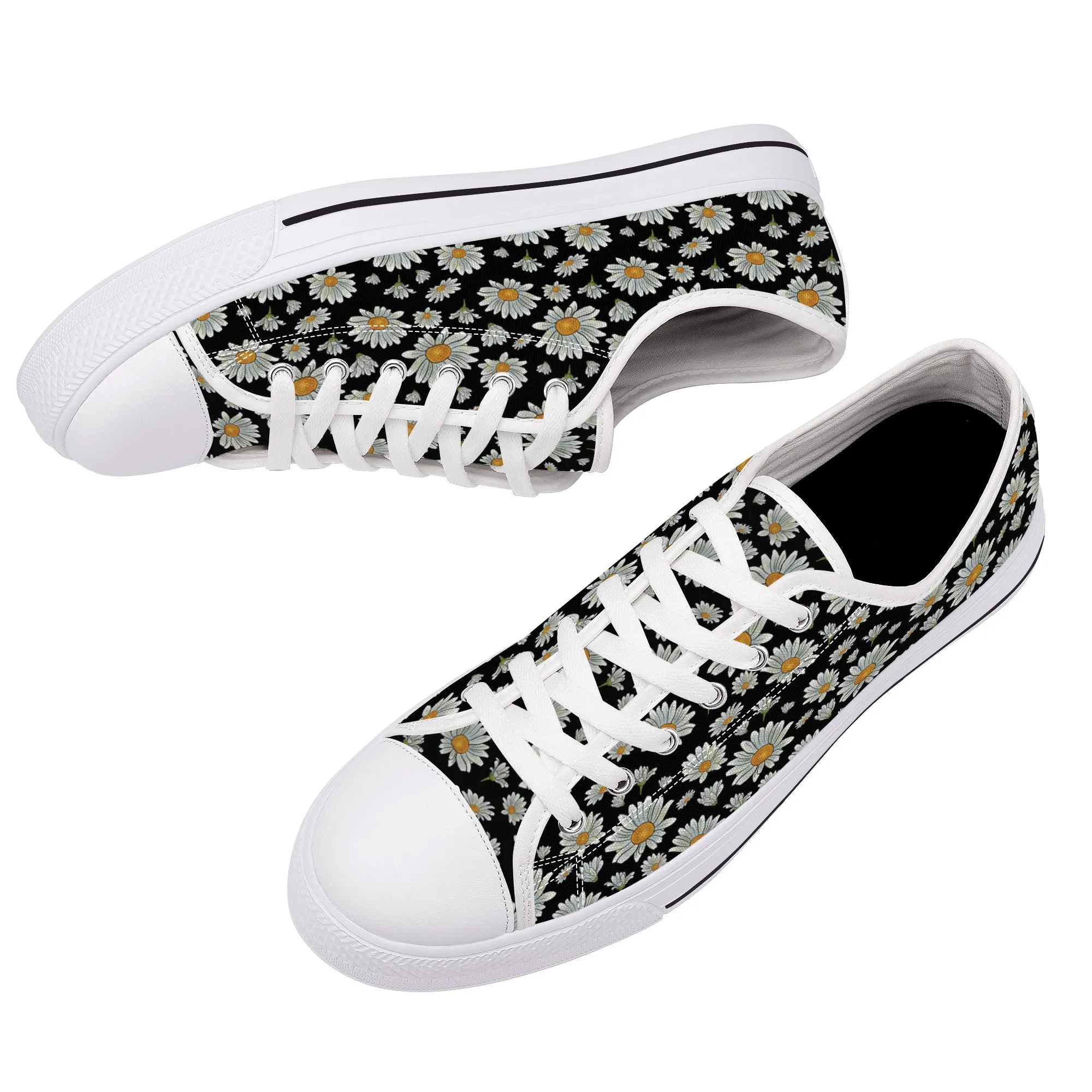 Large Watercolor Summer Daisies Blooming Against a Bold Black Background Canvas Sneakers