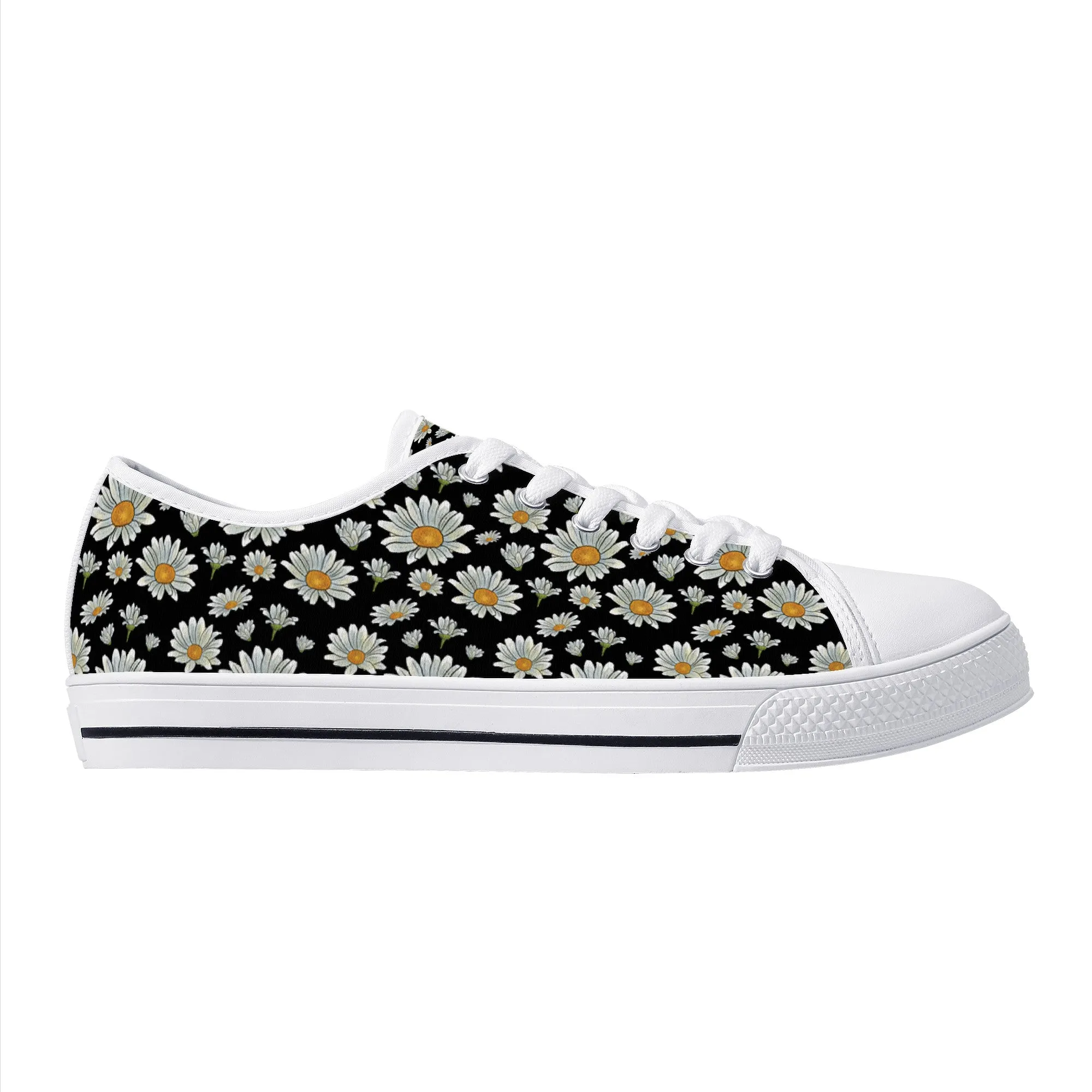 Large Watercolor Summer Daisies Blooming Against a Bold Black Background Canvas Sneakers