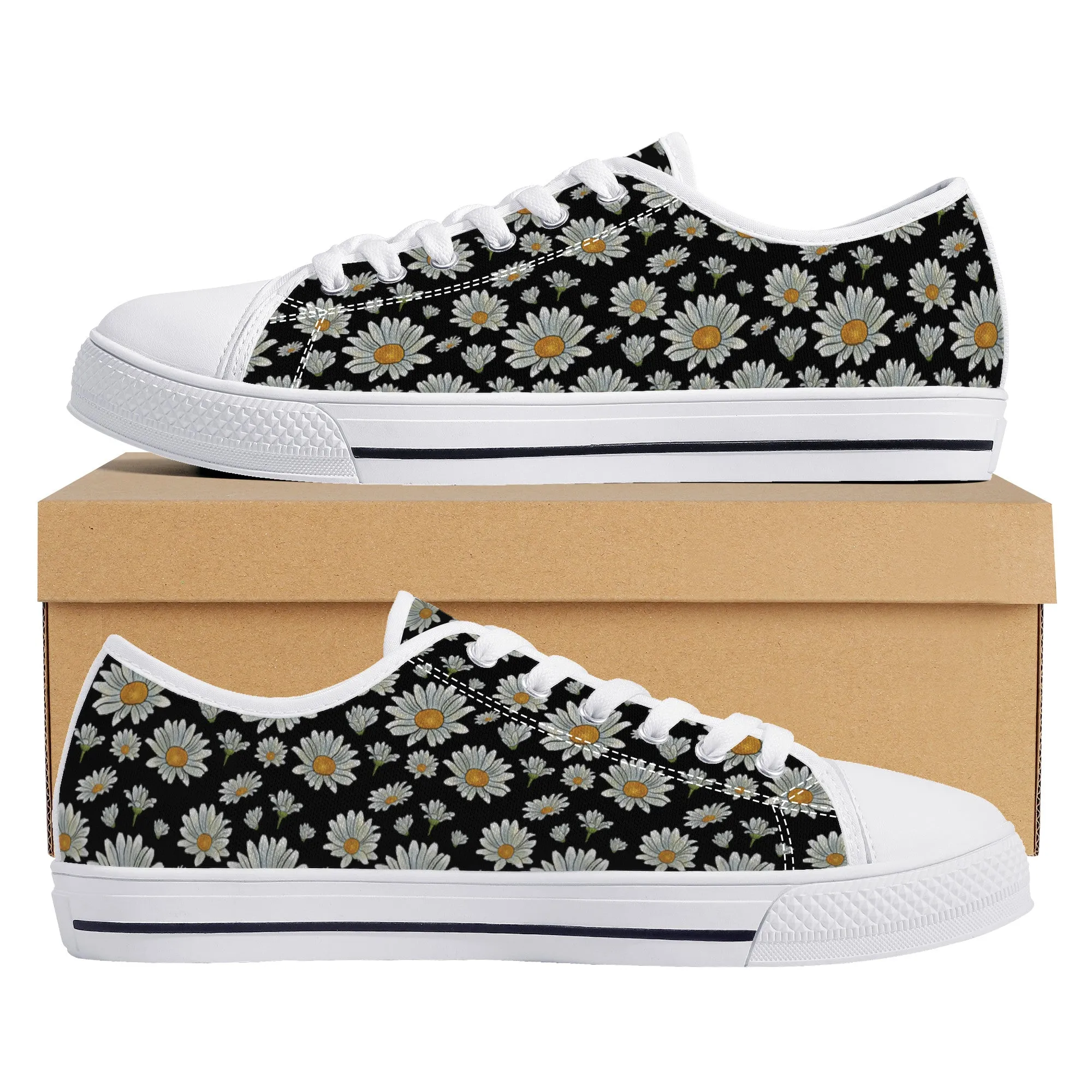 Large Watercolor Summer Daisies Blooming Against a Bold Black Background Canvas Sneakers