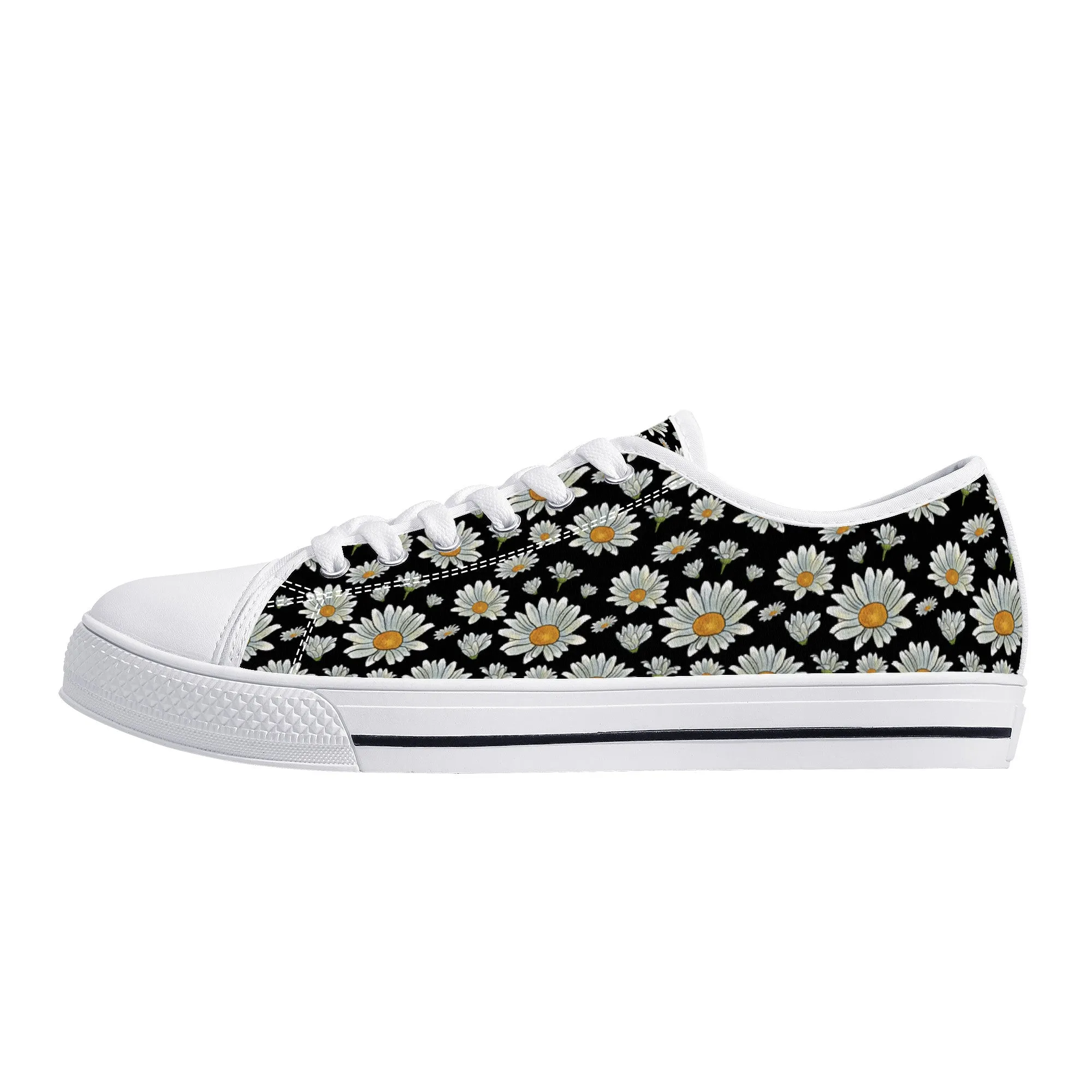Large Watercolor Summer Daisies Blooming Against a Bold Black Background Canvas Sneakers