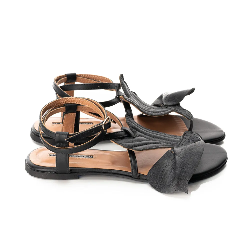Love poem black leather flat sandals