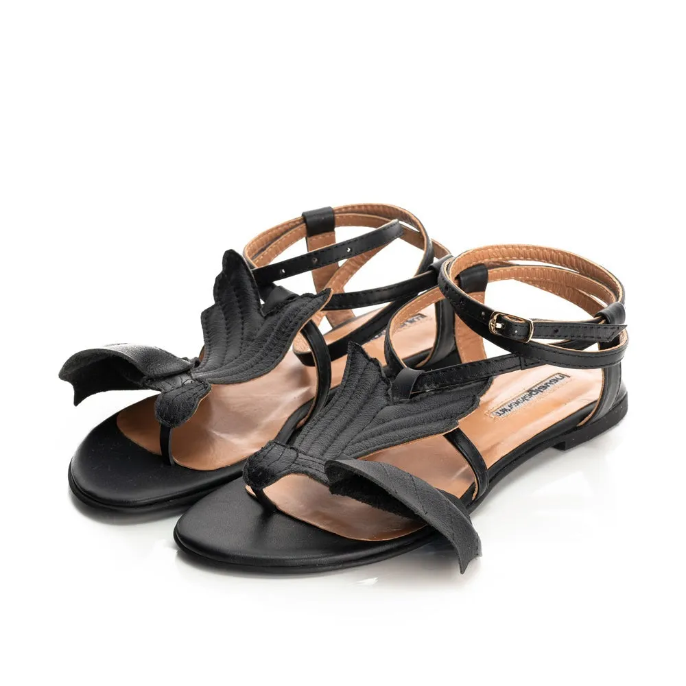 Love poem black leather flat sandals