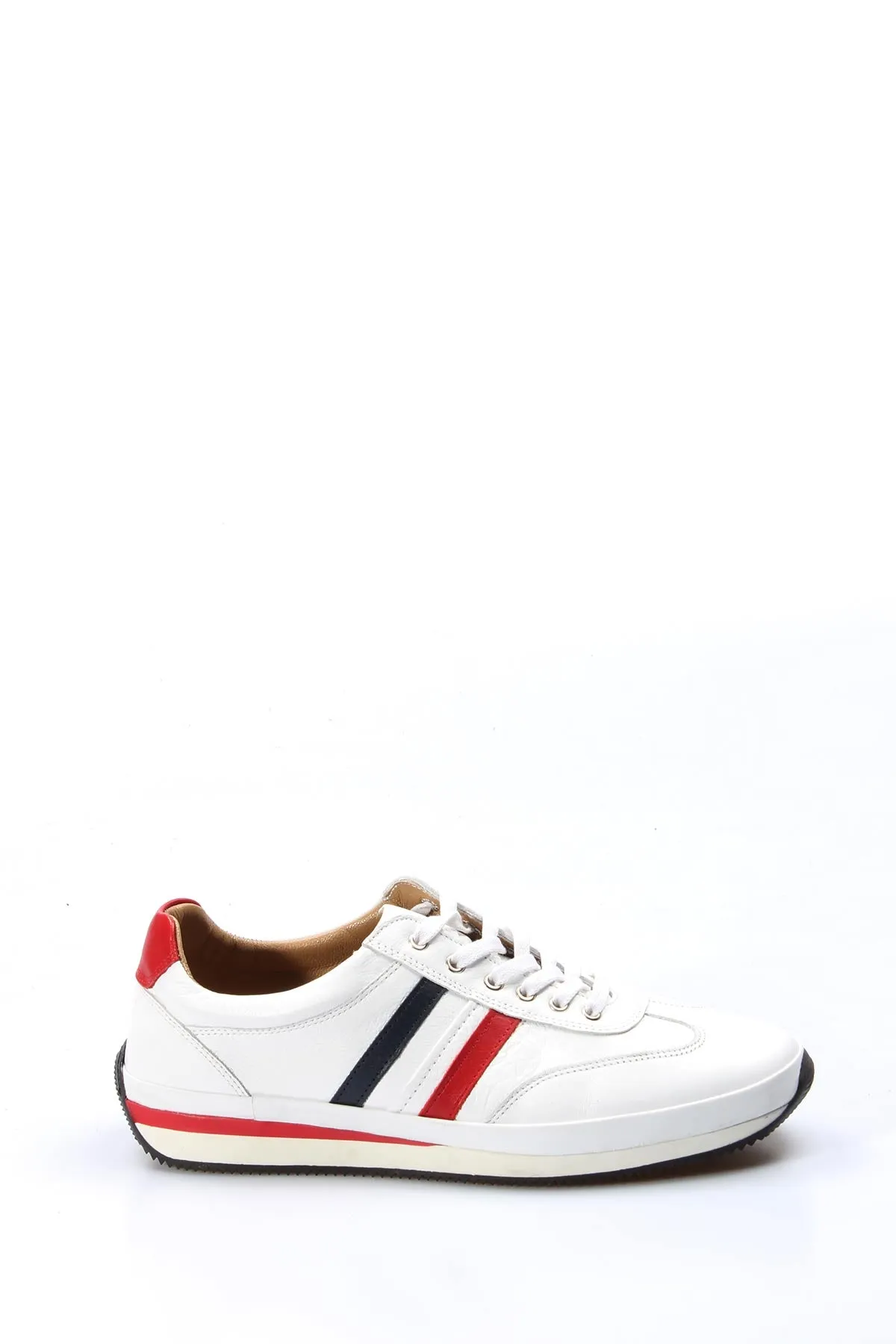 Men's White Leather Sneakers with Red and Navy Stripes - Wessi
