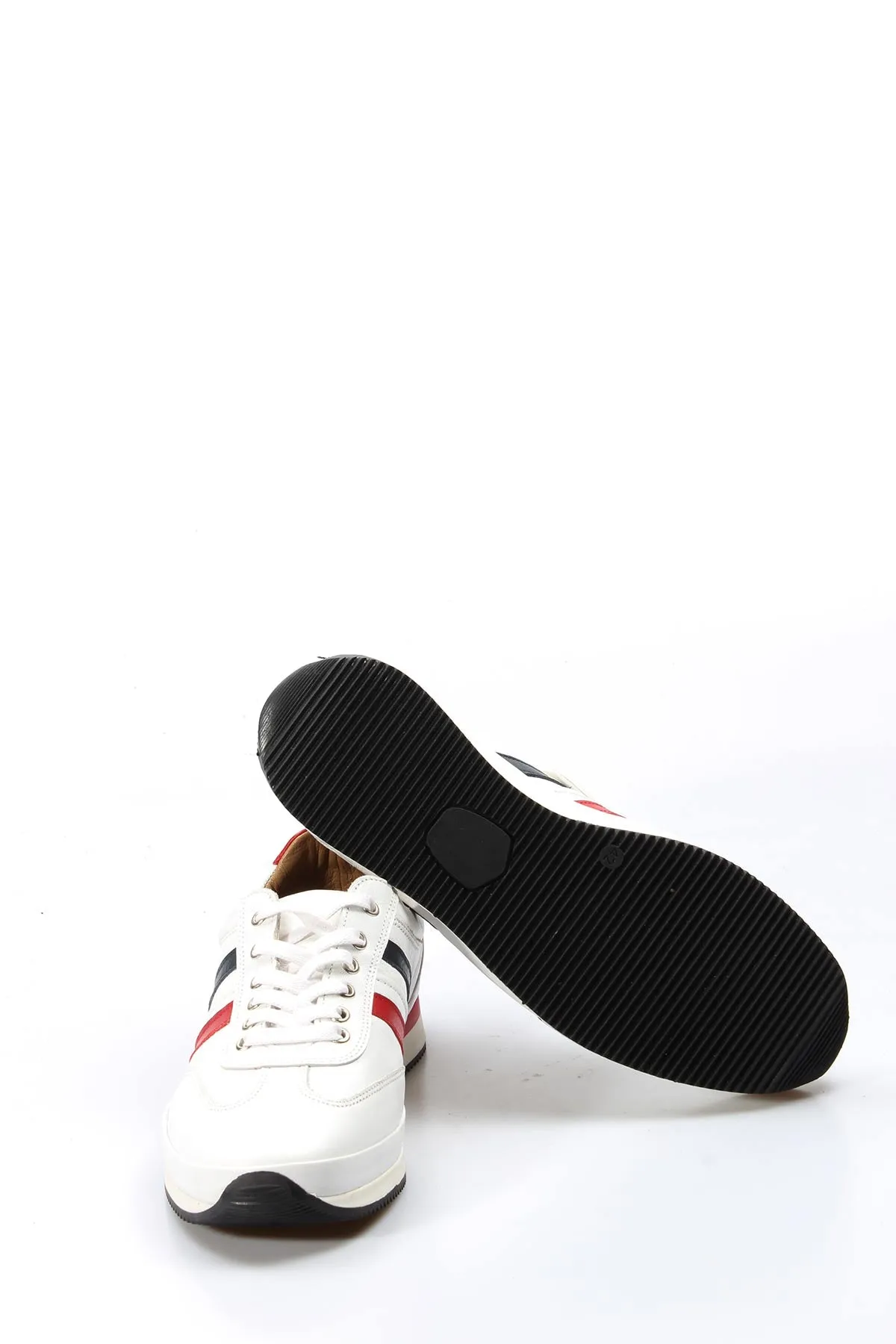 Men's White Leather Sneakers with Red and Navy Stripes - Wessi