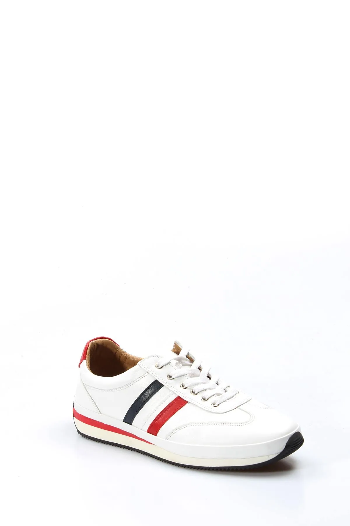 Men's White Leather Sneakers with Red and Navy Stripes - Wessi