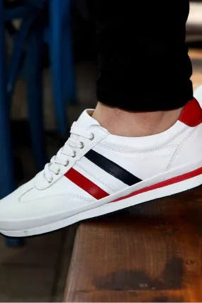 Men's White Leather Sneakers with Red and Navy Stripes - Wessi