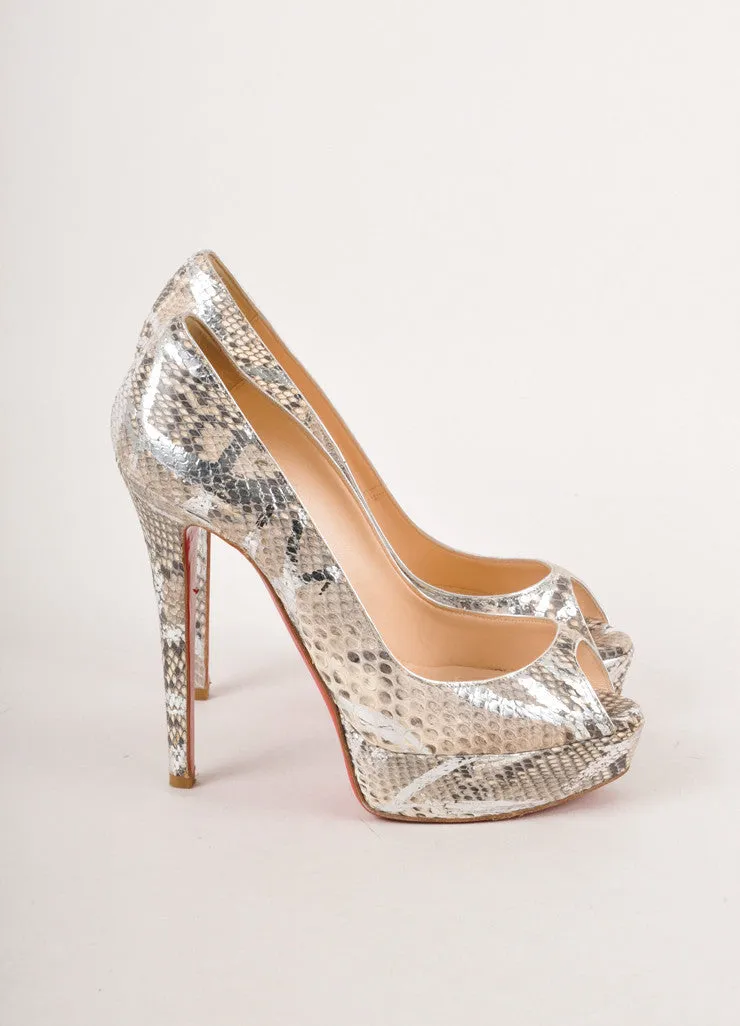 Silver Metallic and Grey Snakeskin Platform Peep Toe Pumps