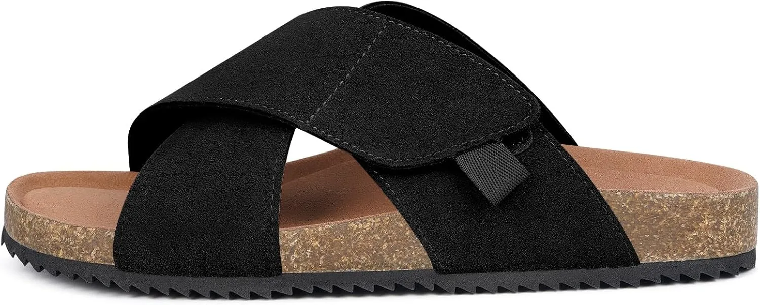 Womens Cork Footbed Slides Sandals Suede Leather Flat Sandals Cross Band Summer Slip on Open Toe Slippers Arch Support for Indoor Outdoor with Adjustable Straps