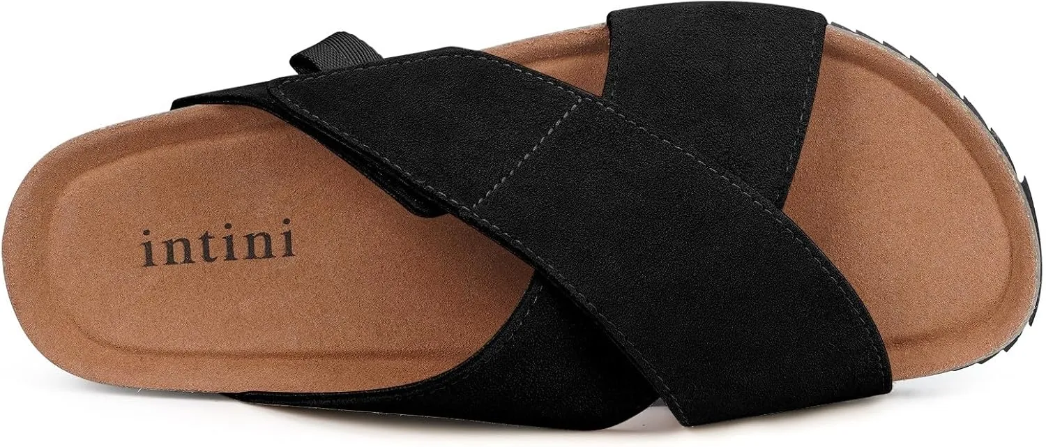 Womens Cork Footbed Slides Sandals Suede Leather Flat Sandals Cross Band Summer Slip on Open Toe Slippers Arch Support for Indoor Outdoor with Adjustable Straps
