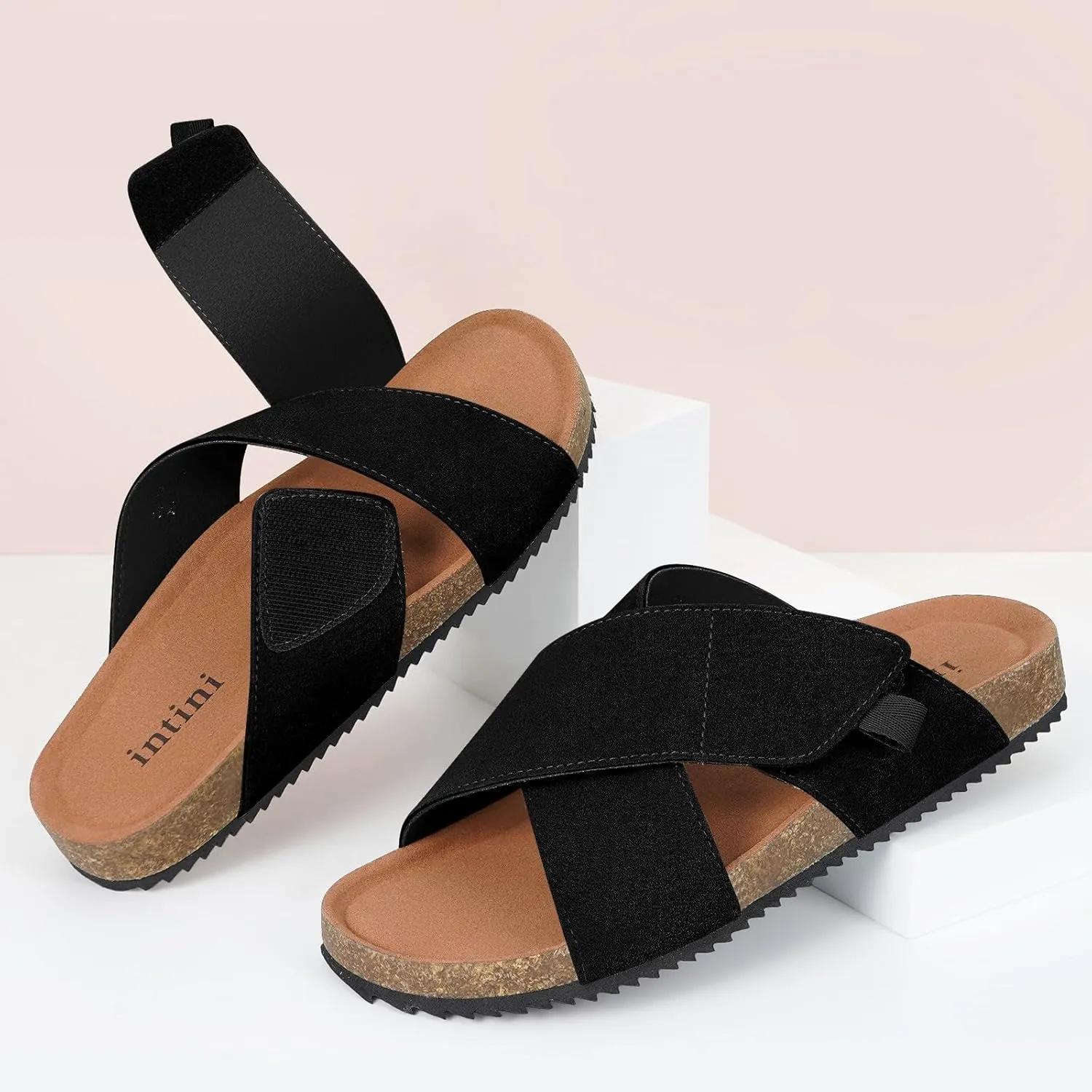 Womens Cork Footbed Slides Sandals Suede Leather Flat Sandals Cross Band Summer Slip on Open Toe Slippers Arch Support for Indoor Outdoor with Adjustable Straps