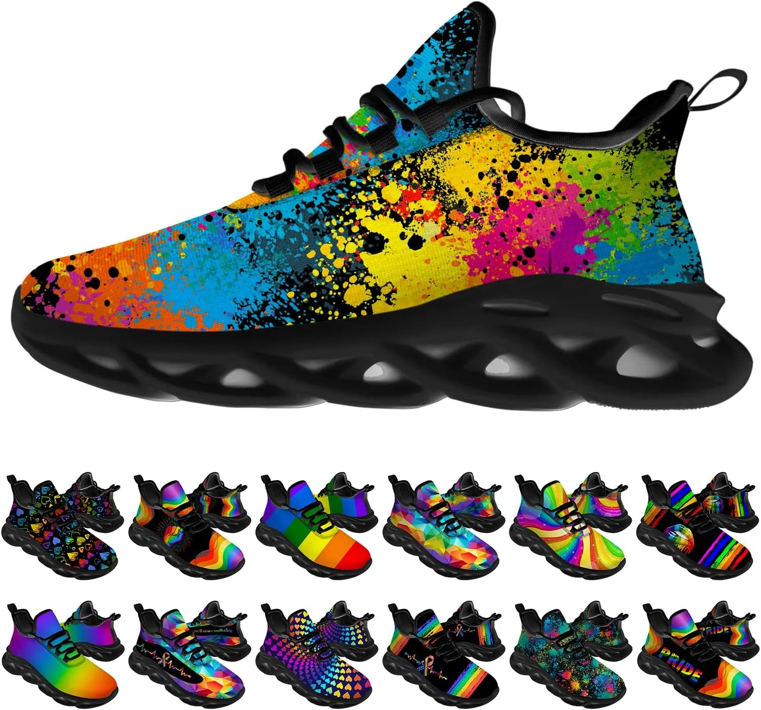 Womens Mens LGBTQ Shoes Running Shoes Rainbow Graffiti Splash Print Tennis Sneakers Walking Shoes Gifts for Women Men,Size 9.5 Men/12 Women Black