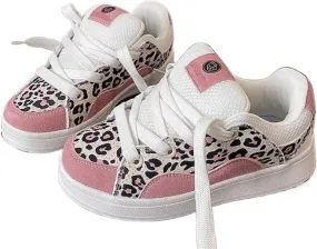 Y2K Leopard Print Platform Sneakers for Girls – Chunky Cute Lace-Up Trainers with Soft Cushion Insole Non-Slip Plush Design Casual Walking Shoes in Pink & Blue