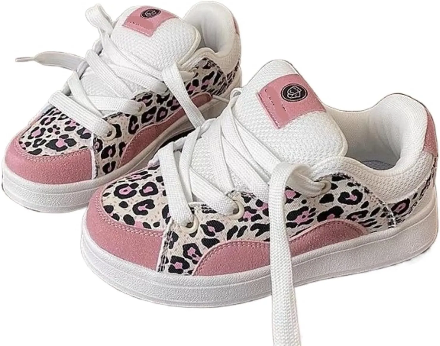 Y2K Leopard Print Platform Sneakers for Girls – Chunky Cute Lace-Up Trainers with Soft Cushion Insole Non-Slip Plush Design Casual Walking Shoes in Pink & Blue